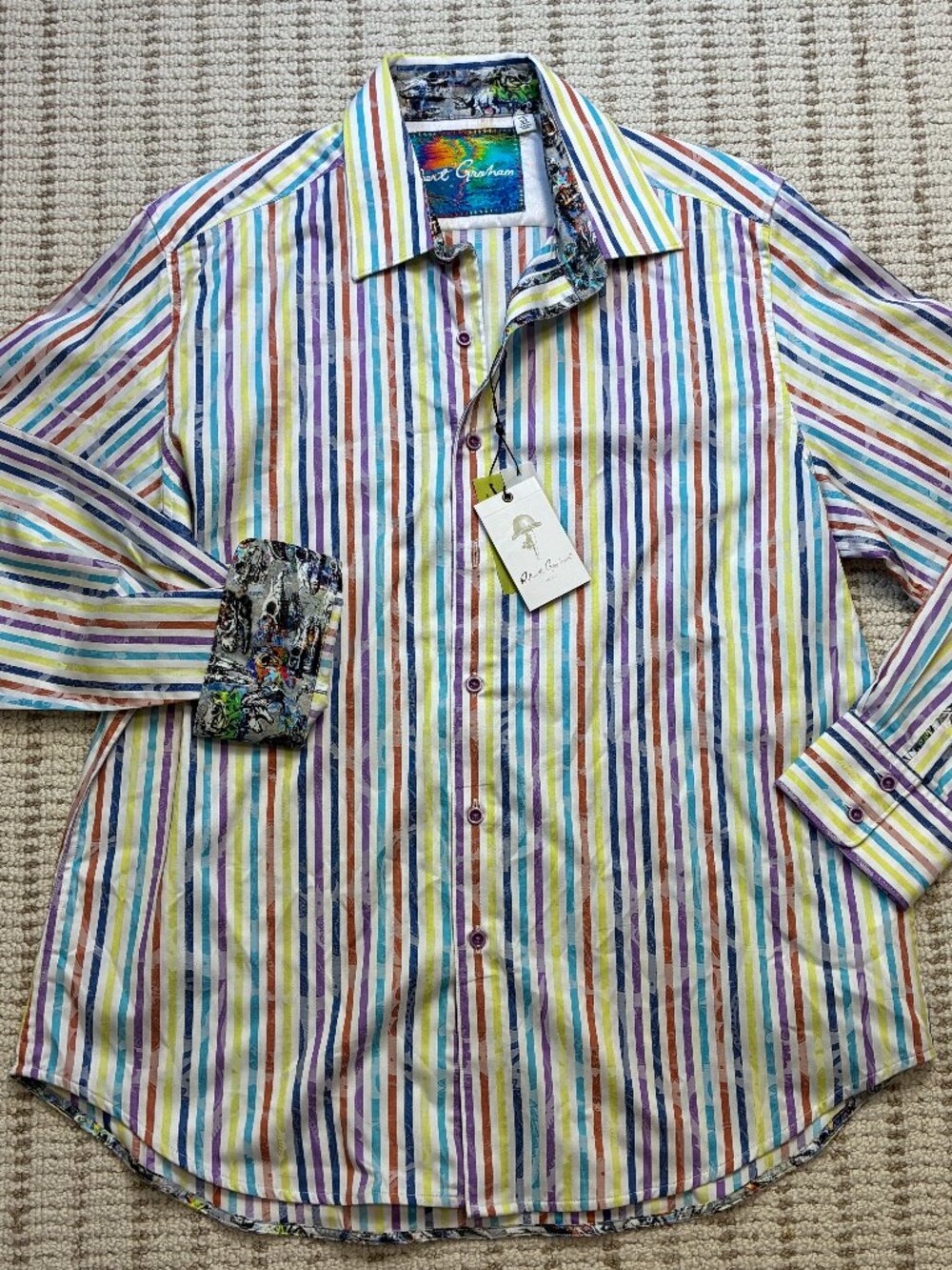 NWT Robert Graham Mens XL Rainbow Stripe Button Down Shirt Dinosaur Flip Cuff